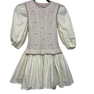A‎ Loves A Girls Cream Cable Knit Puff Sleeve Dress Sz M Academia Classic Preppy